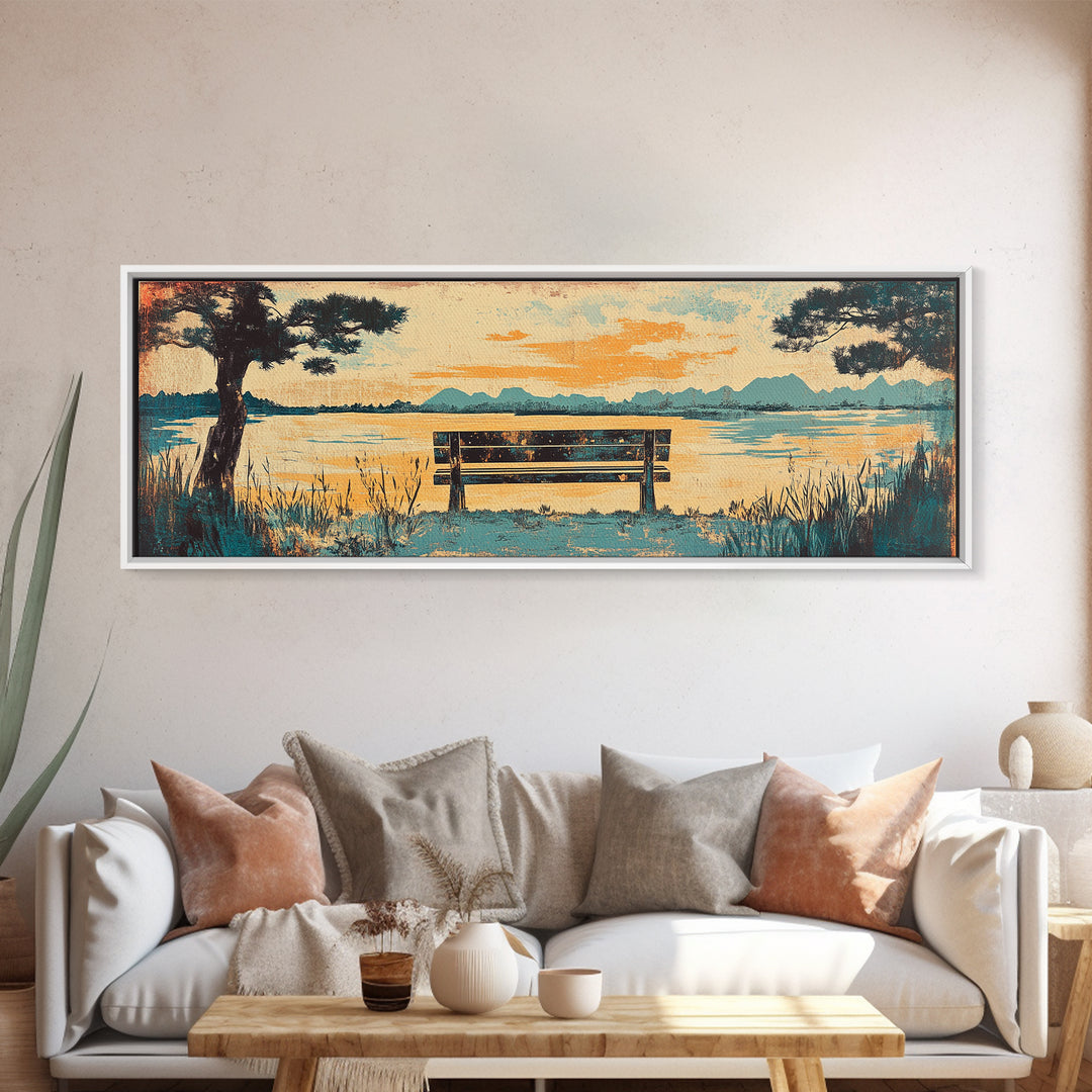 Lake Bench At Sunset With Pine Trees Wall Art, Coastal Landscape Canvas Print, Serene Living Room Decor, Long Horizontal Art