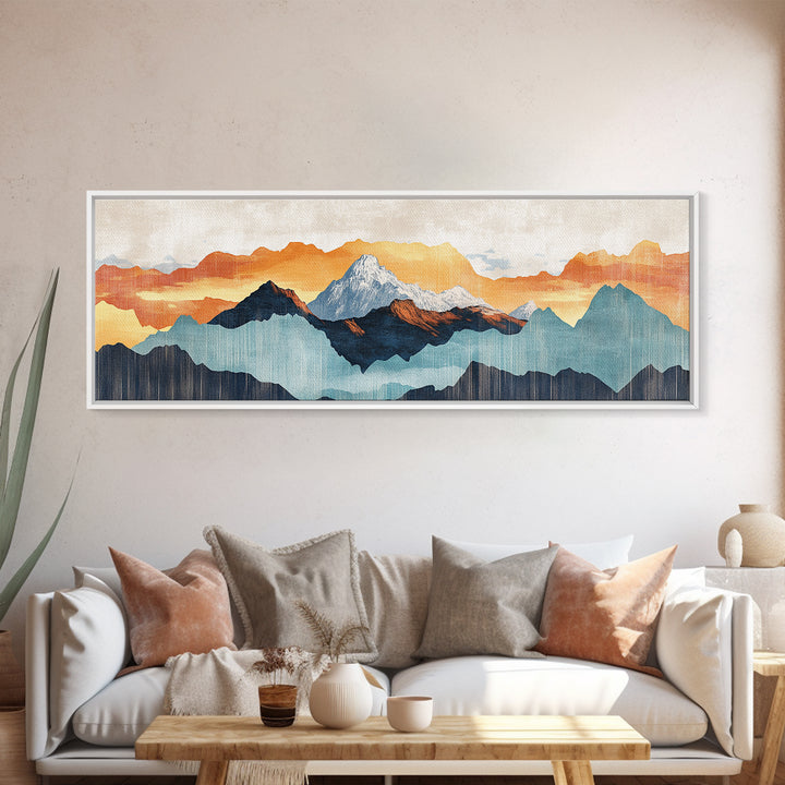 Layered Blue Orange Mountain Range Wall Art, Abstract Landscape Canvas Print, Modern Rustic Decor, Extra Wide Living Room Art