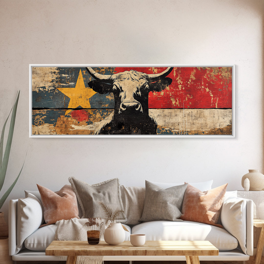 Black Longhorn Bull Texas Flag Wall Art, Western Canvas Print, Rustic Ranch Decor, Cowboy Man Cave Decor, Americana Gift