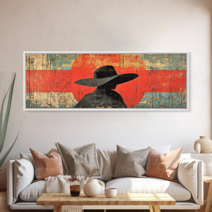Cowboy Silhouette Red Sun Wall Art, Modern Western Canvas Print, Rustic Ranch Decor, Southwestern Living Room Statement Artwork