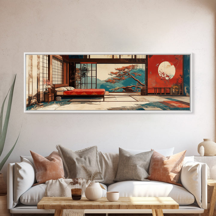 Japanese Bedroom With Moon View Wall Art, Japandi Framed Canvas Print, Zen Home Decor, Above Bed Living Room Wall Decor Print