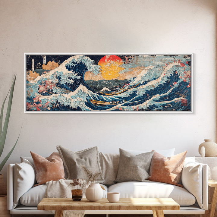 Japanese Ocean Wave And Red Sun Wall Art, Hokusai Inspired Canvas Print, Nautical Coastal Decor, Large Living Room Seascape Print