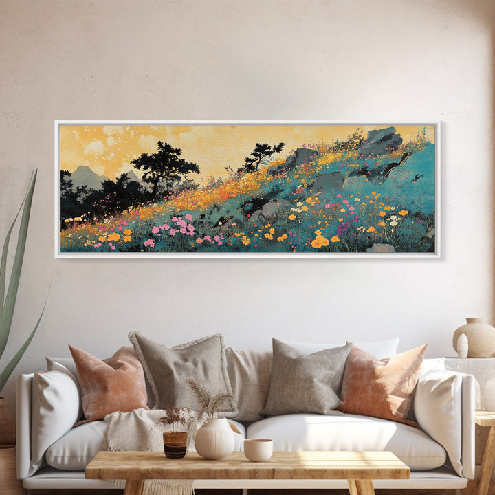 Colorful Wildflower Mountain Meadow Wall Art, Impressionist Landscape Canvas Print, Nature Decor, Large Living Room Art Print