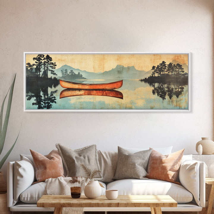 Orange Canoe On Misty Lake Framed Canvas Print, Cabin Wall Art, Rustic Landscape Art, Lake House Living Room Decor, Home Decor