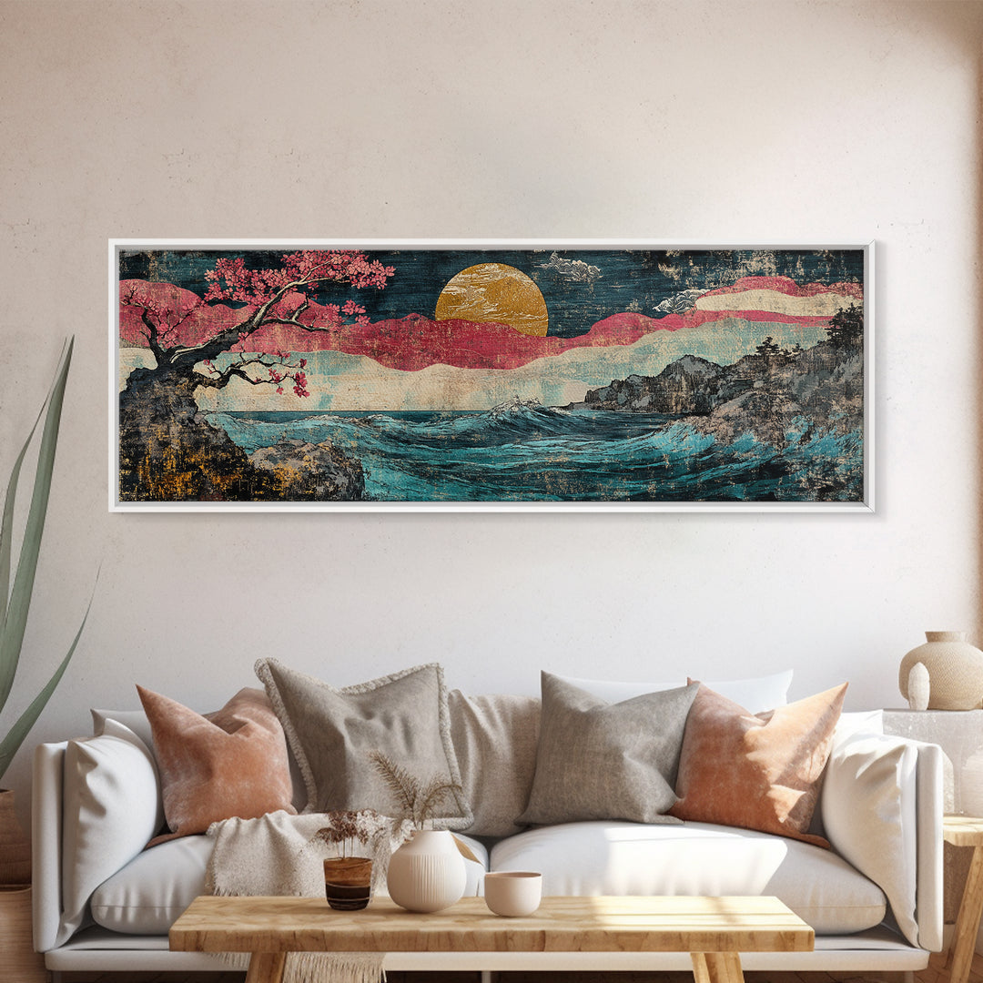 Gold Sun Ocean Wave Canvas Print, Cherry Blossom Japanese Wall Art, Coastal Seascape Art, Large Living Room Decor, Home Decor
