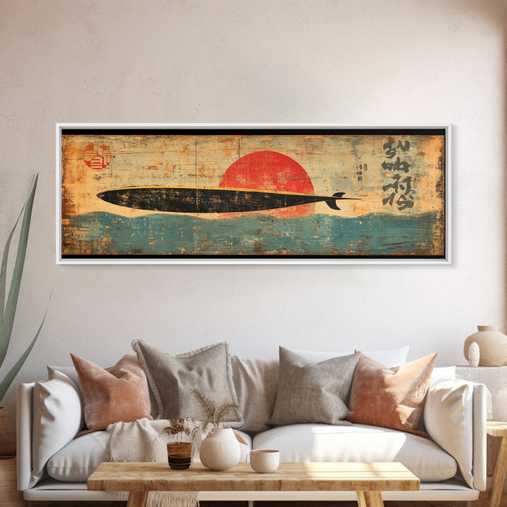 Black Fish Red Sun Framed Canvas Print, Japanese Wall Art, Asian Inspired Ocean Art, Minimalist Living Room Decor, Home Decor