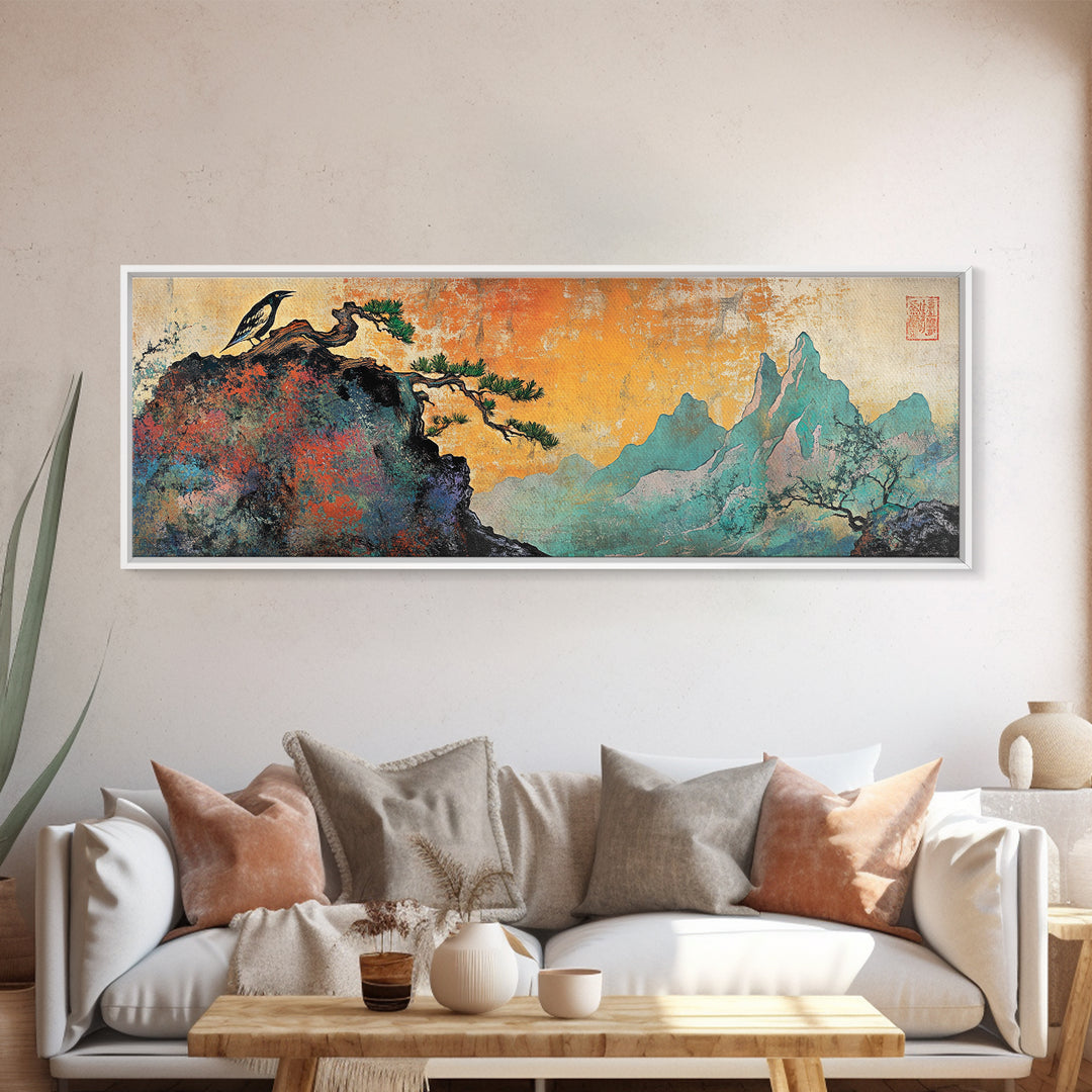 Soaring Bird Rocky Cliff Canvas Print, Teal Mountain Landscape Wall Art, Japanese Nature Art, Large Panoramic Home Decor