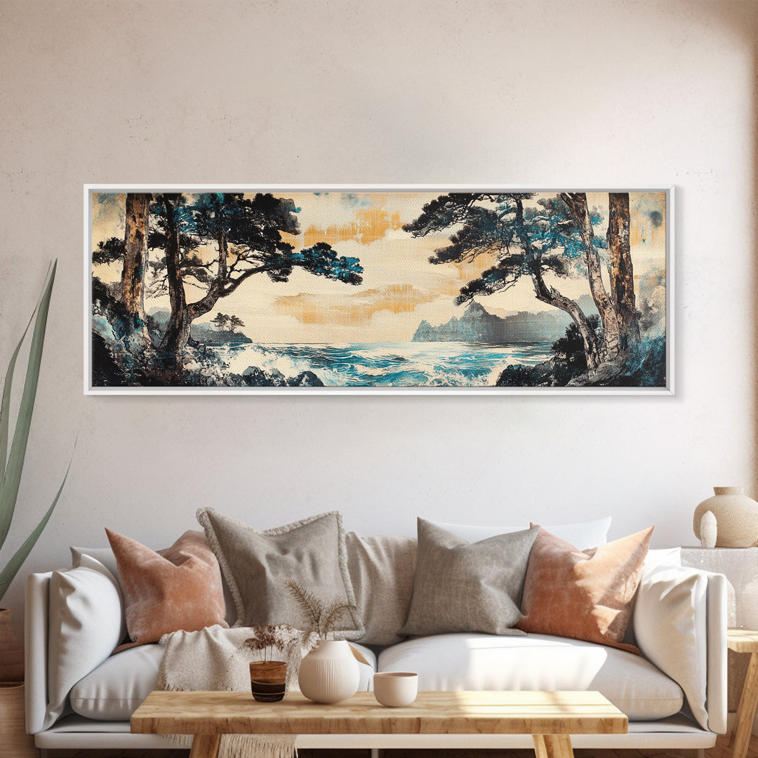 Misty Coastal Cove Canvas Print, Pine Tree Seascape Wall Art, Japanese Inspired Landscape, Large Panoramic Living Room Home Decor