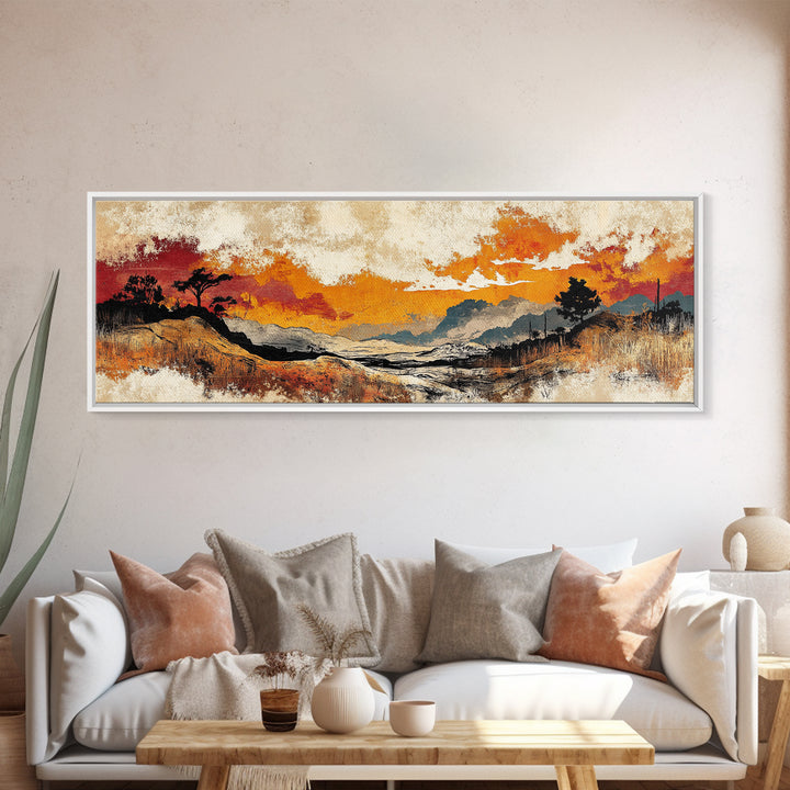 Autumn Valley Sunset Canvas Print, Orange Mountain Landscape Wall Art, Rustic Nature Art, Large Panoramic Home Decor Print