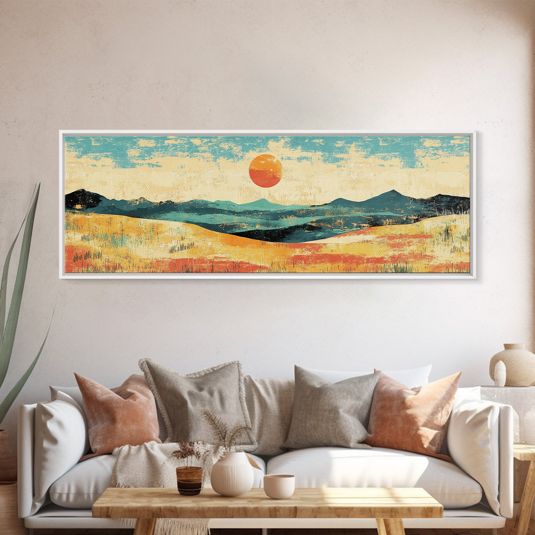 Sun Over Rolling Hills Canvas Print, Minimalist Landscape Wall Art, Mid Century Modern Home Decor, Large Living Room Print