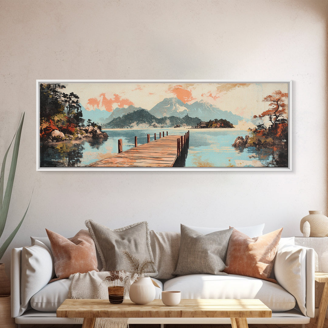 Serene Lake Dock And Mountain Canvas Print, Japanese Landscape Art, Coastal Wall Decor, Peaceful Living Room Decor, Above Sofa Wall Art
