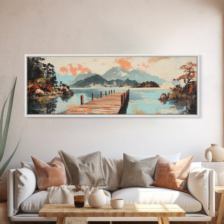 Serene Lake Dock And Mountain Canvas Print, Japanese Landscape Art, Coastal Wall Decor, Peaceful Living Room Decor, Above Sofa Wall Art