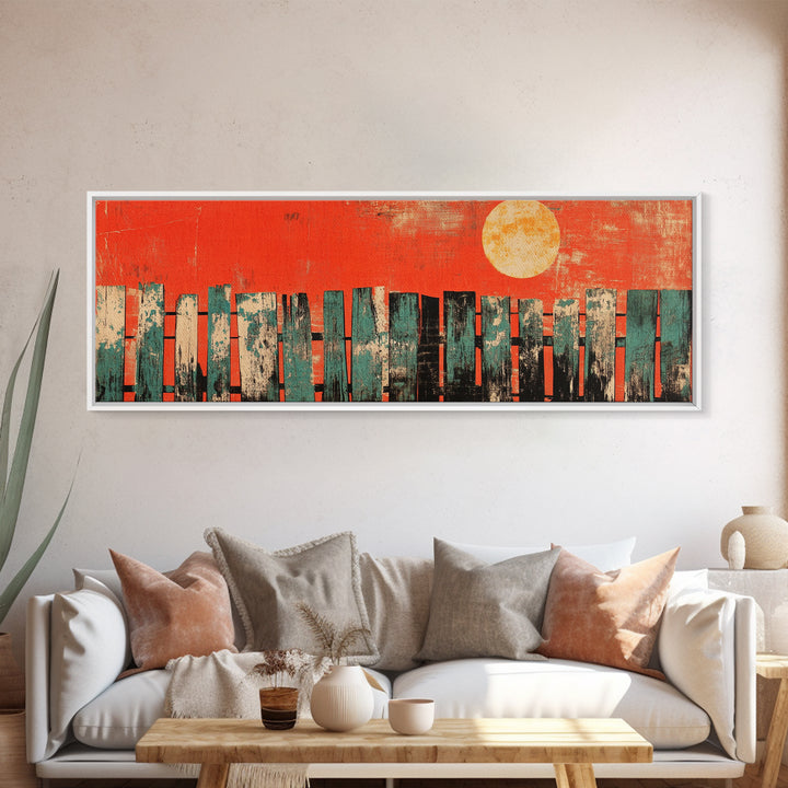 Red Sun Abstract Skyline Wall Art, Mid Century Modern Canvas Print, Urban Living Room Decor, Bold Orange City Poster Print