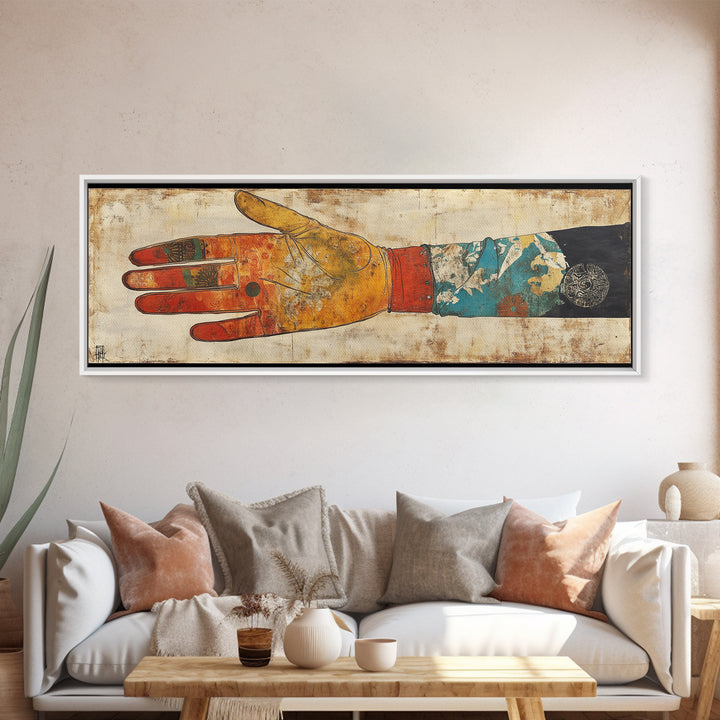 Japanese Hand And Kimono Sleeve Wall Art, Wabi Sabi Framed Canvas Print, Asian Textile Decor, Eclectic Gallery Art For Living Room