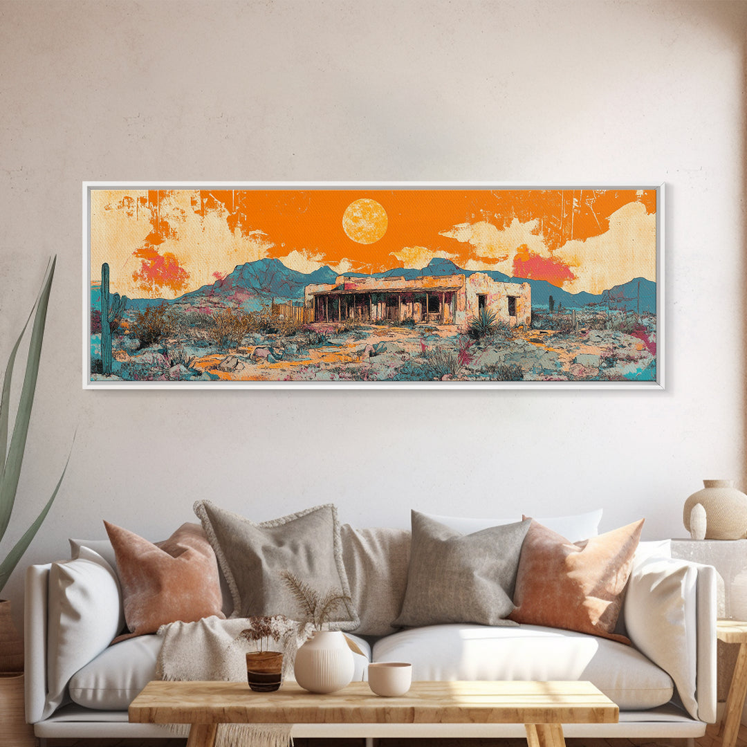 Orange Desert Adobe House Wall Art, Southwestern Landscape Canvas Print, Modern Rustic Home Decor, Santa Fe Style Poster