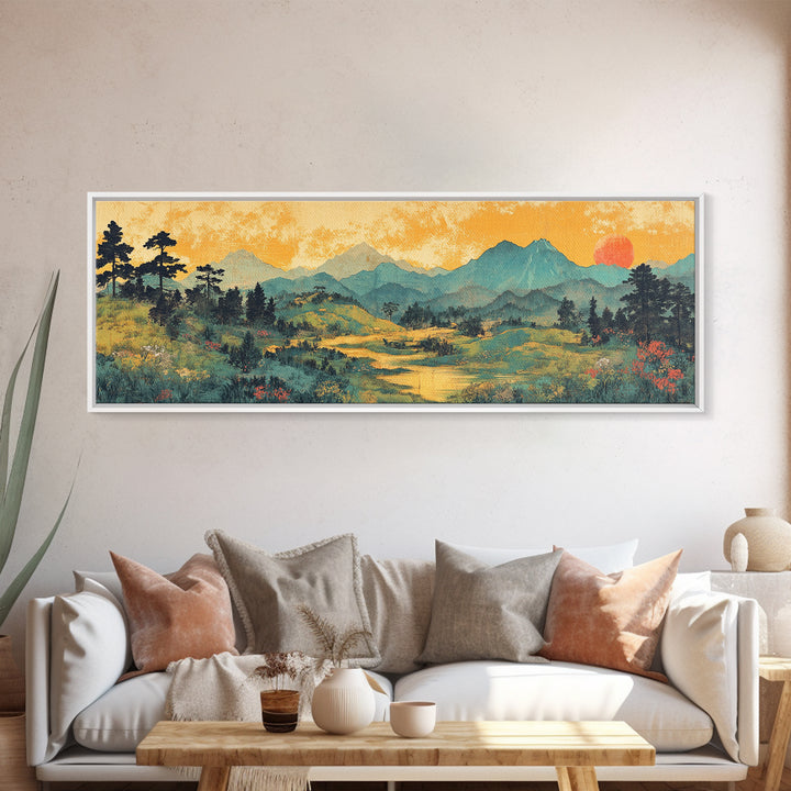 Misty Mountain Meadow Wall Art, Golden Sunrise Landscape Canvas Print, Nature Wall Decor, Above Sofa Living Room Decor Print
