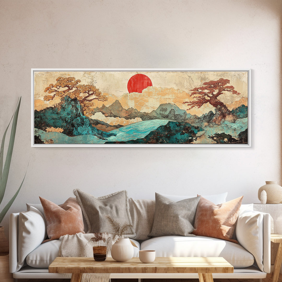 Red Sun Mountain River Landscape Wall Art, Japanese Wall Art, Panoramic Canvas, Japandi Decor, Living Room Wall Decor, Home Decor