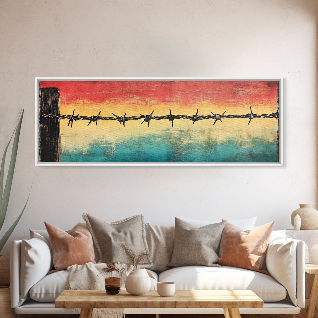 Barbed Wire Sunset Over Water Wall Art, Rustic Industrial Decor, Western Wall Art, Moody Canvas Print, Office Wall Decor