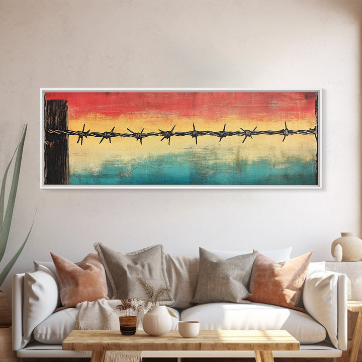 Barbed Wire Sunset Over Water Wall Art, Rustic Industrial Decor, Western Wall Art, Moody Canvas Print, Office Wall Decor