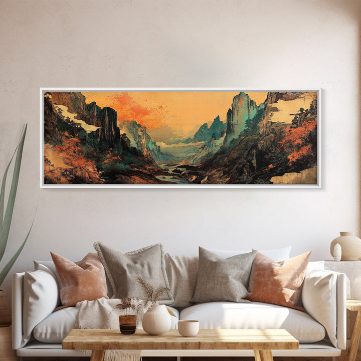Misty Asian Mountain Valley Wall Art, Japanese Landscape, Zen Home Decor, Panoramic Canvas Print, Moody Living Room Wall Art