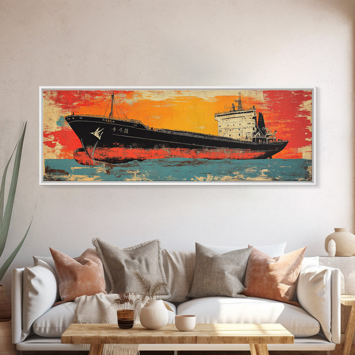 Orange Cargo Ship Seascape Canvas Print, Nautical Wall Art, Industrial Decor, Maritime Art, Ocean Wall Decor, Office Decor