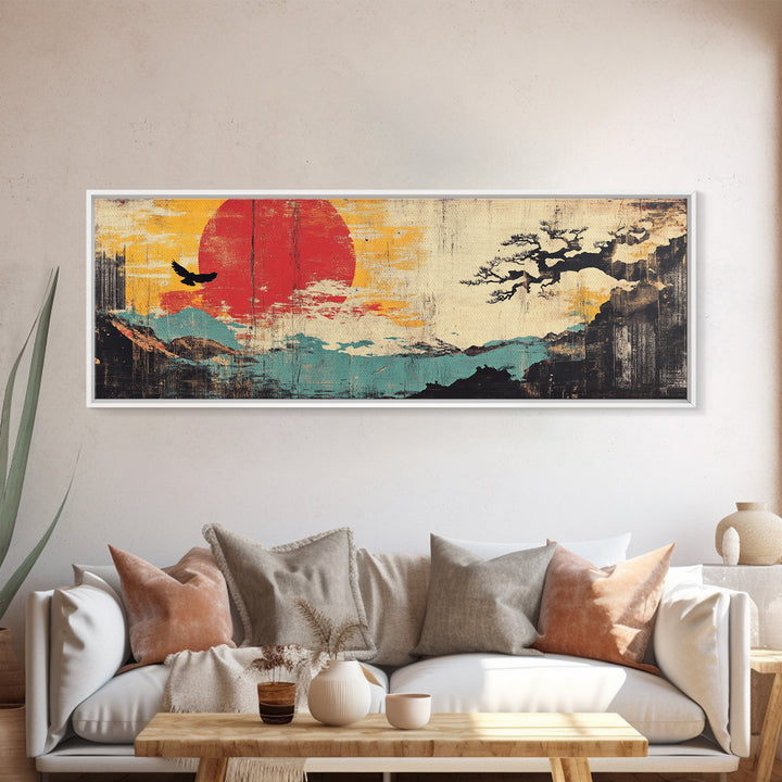 Red Sun Coastal Mountain Wall Art, Japanese Wall Art, Bird Silhouette, Japandi Decor, Panoramic Canvas Print, Home Decor