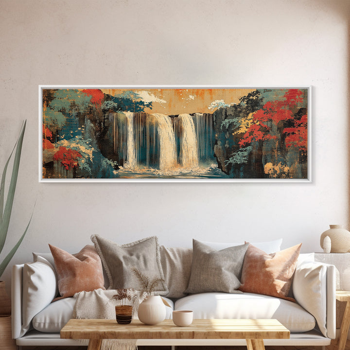 Misty Waterfall And Red Autumn Forest Wall Art, Japanese Landscape Canvas, Panoramic Nature Print, Serene Living Room Decor