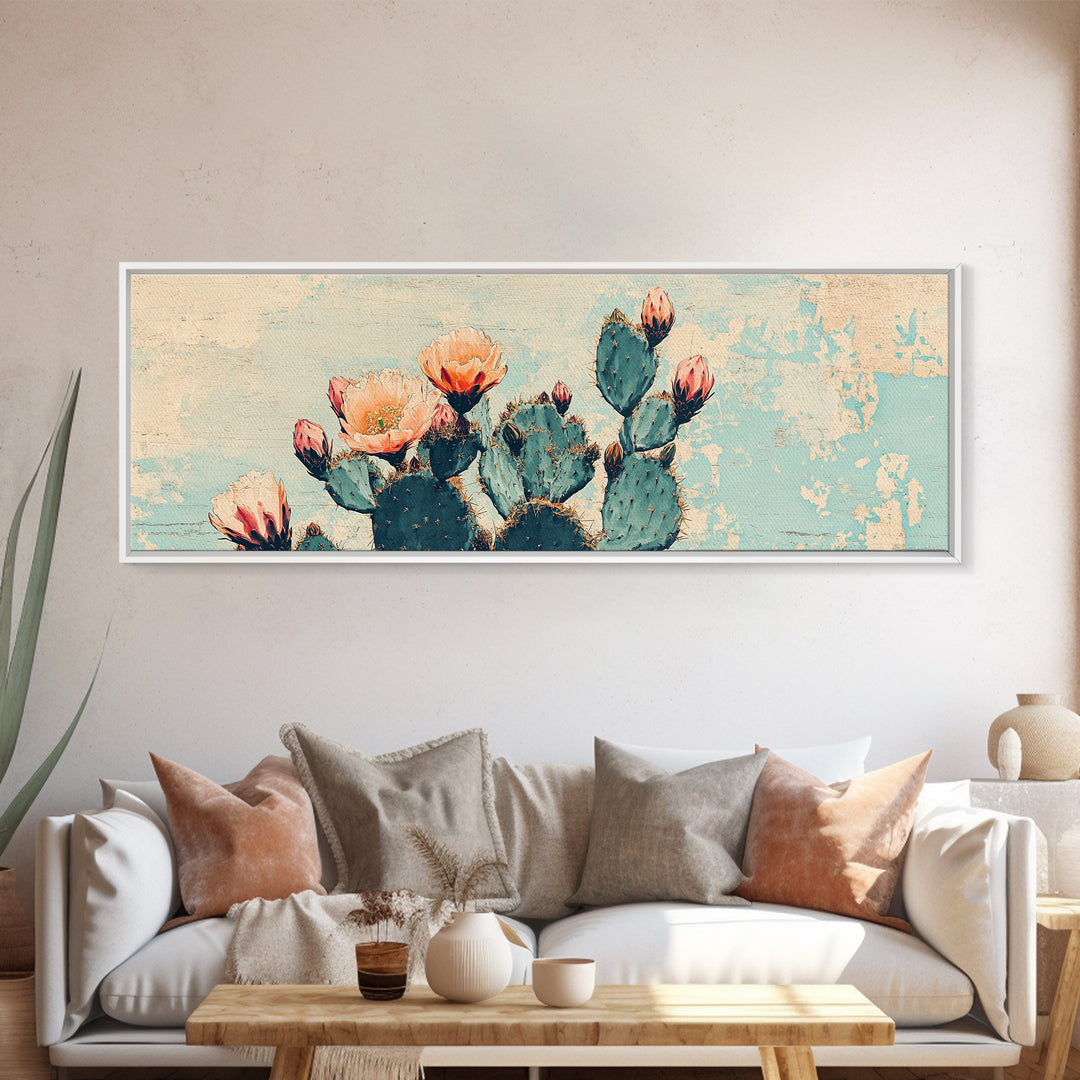 Blooming Prickly Pear Cactus Canvas Print, Southwestern Desert Wall Art, Floral Botanical Decor, Soft Blue Boho Home Decor