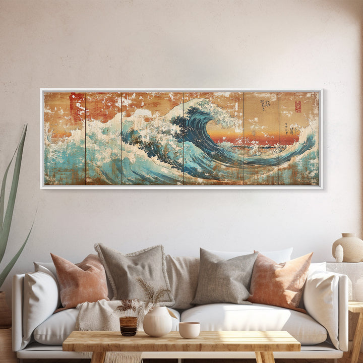 Great Japanese Wave With Golden Sky Canvas Print, Coastal Seascape Wall Art, Ocean Decor, Large Horizontal Living Room Art