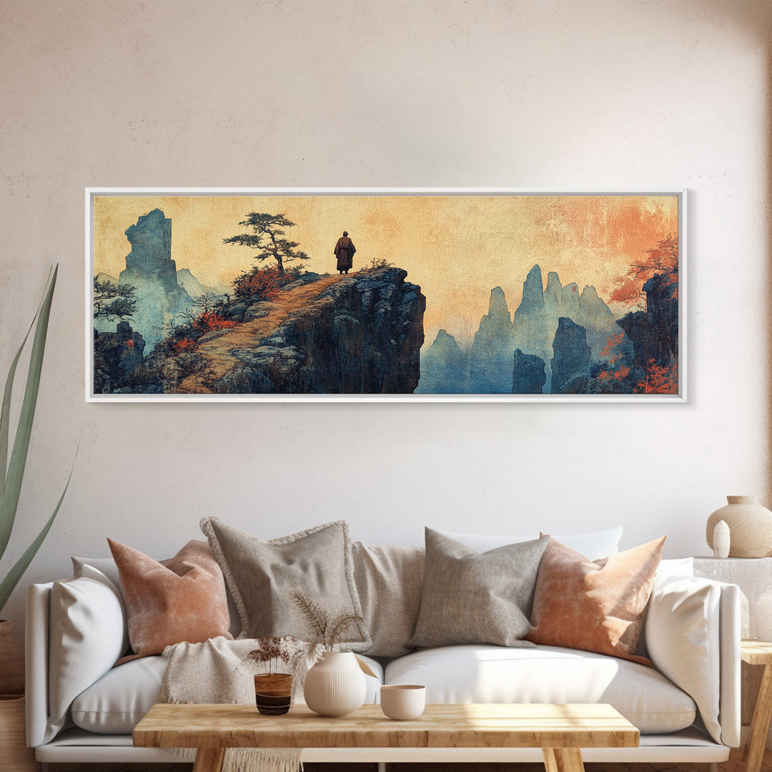 Solitary Monk On Cliff, Misty Asian Mountains Wall Art, Japanese Landscape Print, Zen Home Decor, Panoramic Canvas, Living Room Decor