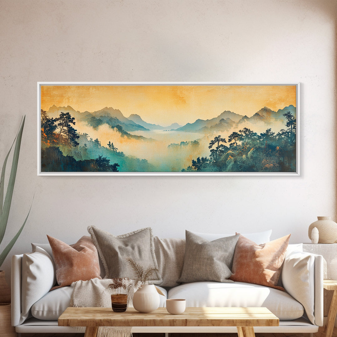 Misty Blue Mountain Valley Framed Canvas Print, Asian Landscape Wall Art, Zen Home Decor, Large Panoramic Nature Print, Office Decor