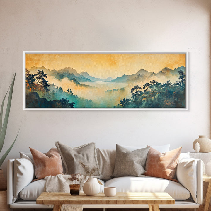 Misty Blue Mountain Valley Framed Canvas Print, Asian Landscape Wall Art, Zen Home Decor, Large Panoramic Nature Print, Office Decor