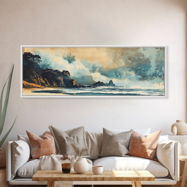 Stormy Coastal Waves And Dark Cliffs Canvas Print, Moody Seascape Wall Art, Ocean Decor, Beach House Living Room Art Print