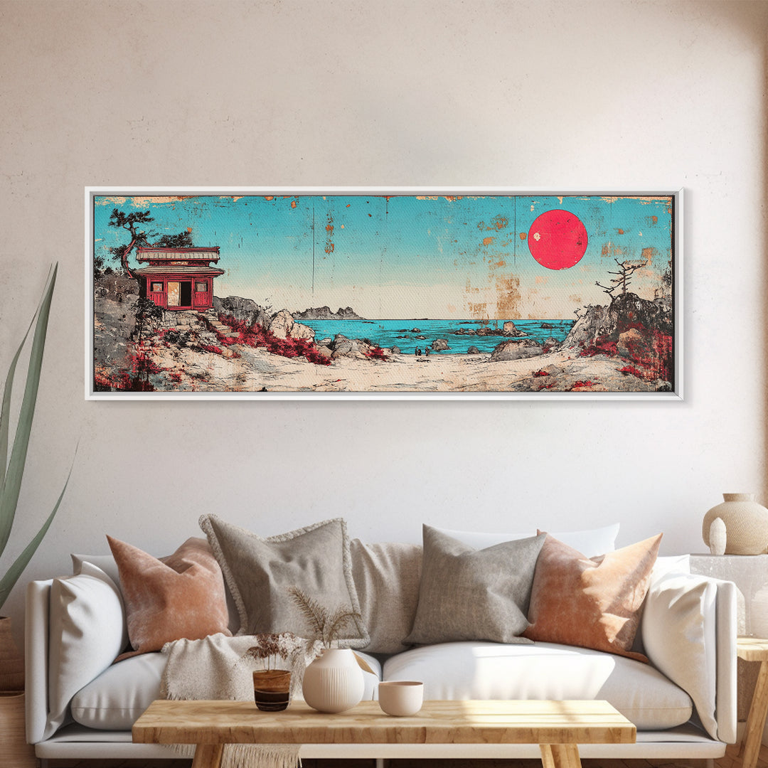 Seaside Shrine With Red Sun Wall Art, Japanese Coastal Print, Retro Pagoda Decor, Zen Ocean Landscape Canvas Gift For Home Decor