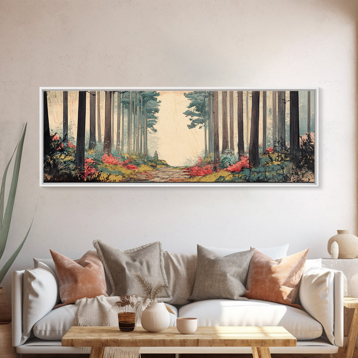 Misty Forest Path With Tall Pines Wall Art, Woodland Landscape Print, Japandi Nature Decor, Calming Office Canvas For Home
