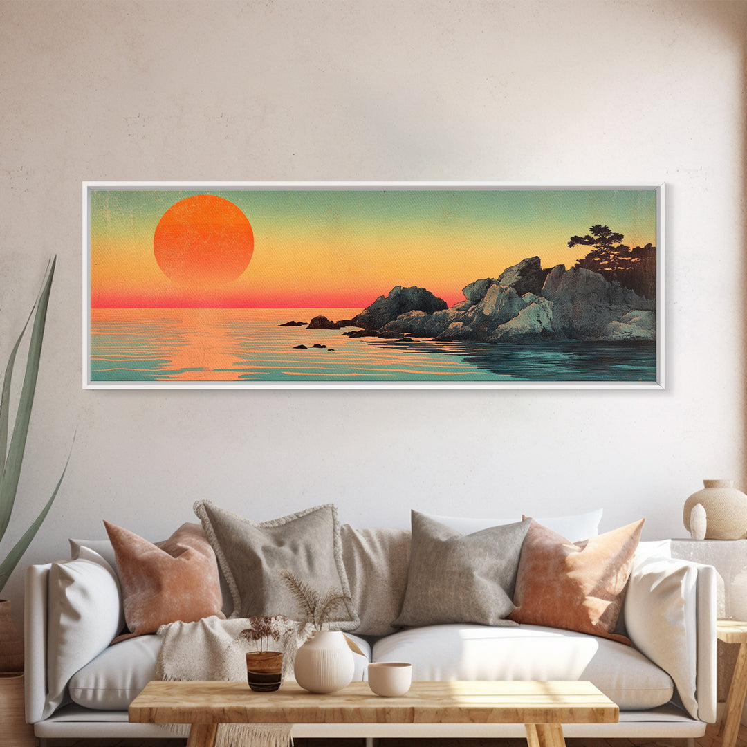 Orange Sunset Over Rocky Shore Wall Art, Japanese Coastal Seascape Print, Serene Ocean Decor, Large Horizontal Canvas Gift