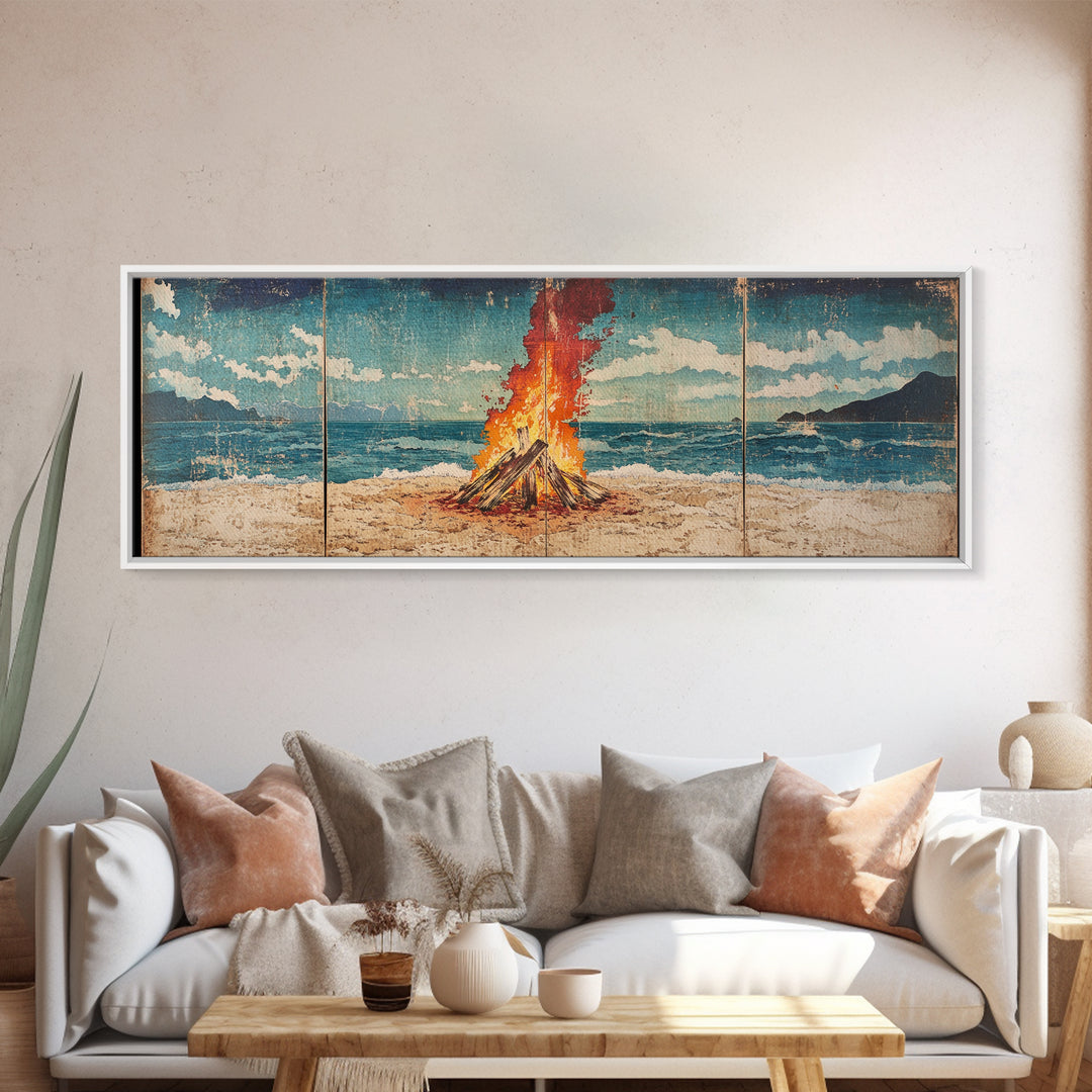 Beach Bonfire Beside Blue Ocean Wall Art, Coastal Triptych Print, Summer Seascape Decor, Large Framed Canvas Print Gift For Her