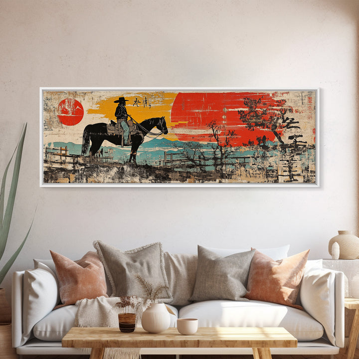 Cowboy On Horse By Red Barn Canvas Print, Rustic Western Landscape Wall Art, Farmhouse Country Decor, Ranch House Gift Idea
