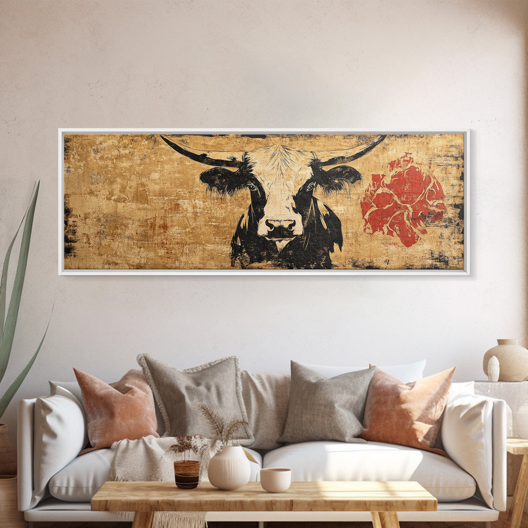 Black And White Longhorn Cow Wall Art, Rustic Western Canvas Print, Farmhouse Ranch Decor, Southwest Animal Poster Print