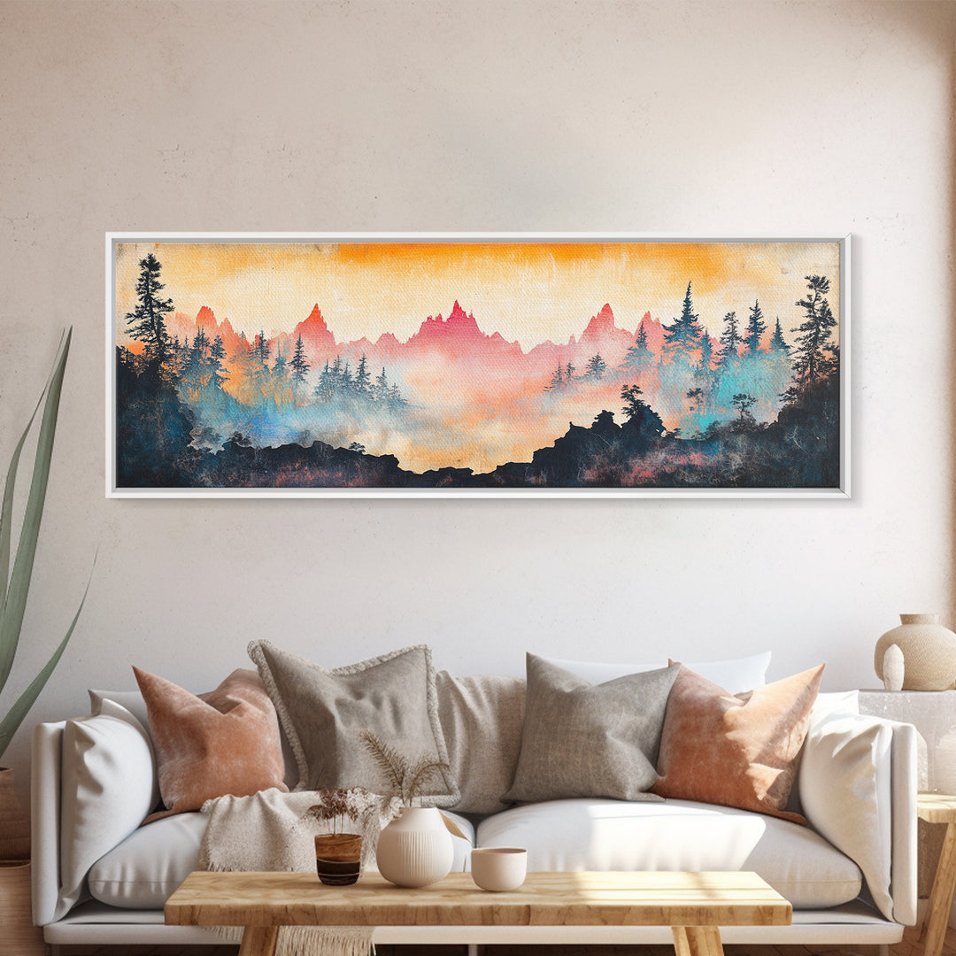 Misty Mountain Forest Sunrise Canvas Print, Panoramic Landscape Wall Art, Nature Inspired Living Room Home Decor, Cabin Decor