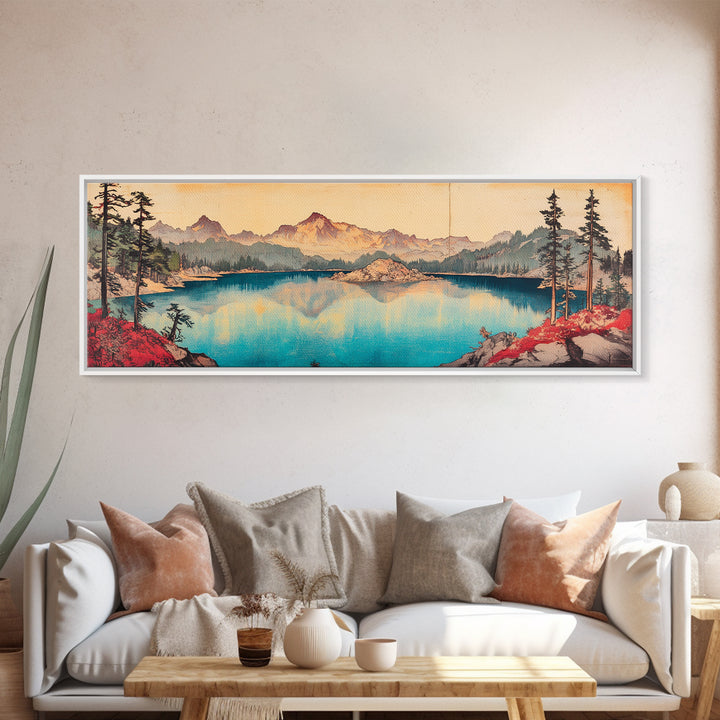 Turquoise Alpine Lake And Pine Mountain Wall Art, Panoramic Landscape Canvas Print, Rustic Cabin Living Room Home Decor Print