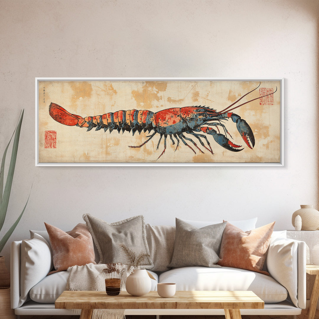 Red Lobster Illustration On Aged Parchment Wall Art, Nautical Seafood Canvas Print, Coastal Kitchen Dining Room Decor Foodie Gift