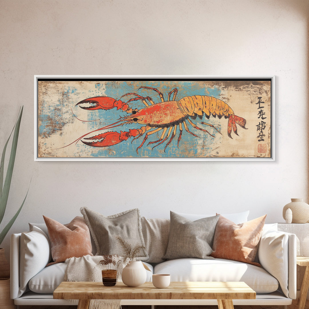 Orange Lobster On Weathered Blue Background Wall Art, Nautical Seafood Canvas Print, Coastal Kitchen Dining Room Decor Gift