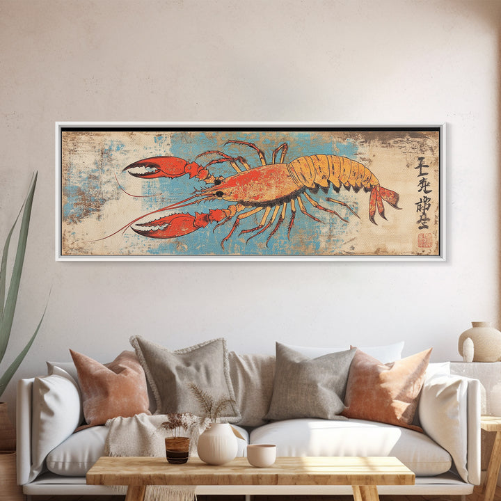 Orange Lobster On Weathered Blue Background Wall Art, Nautical Seafood Canvas Print, Coastal Kitchen Dining Room Decor Gift