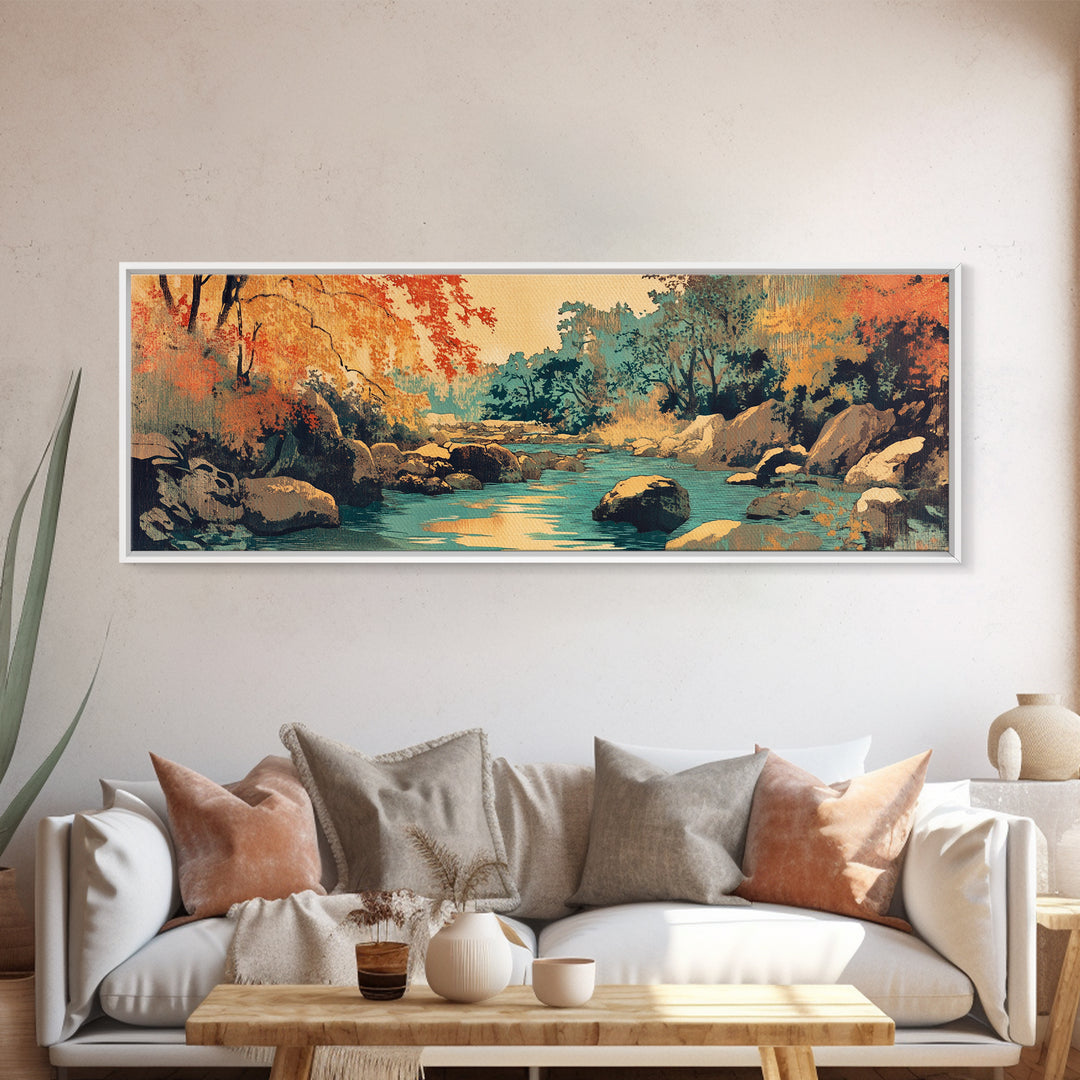 Autumn Forest River With Rocks Wall Art, Rustic Landscape Canvas Print, Warm Nature Living Room Cozy Cabin Home Decor Gift