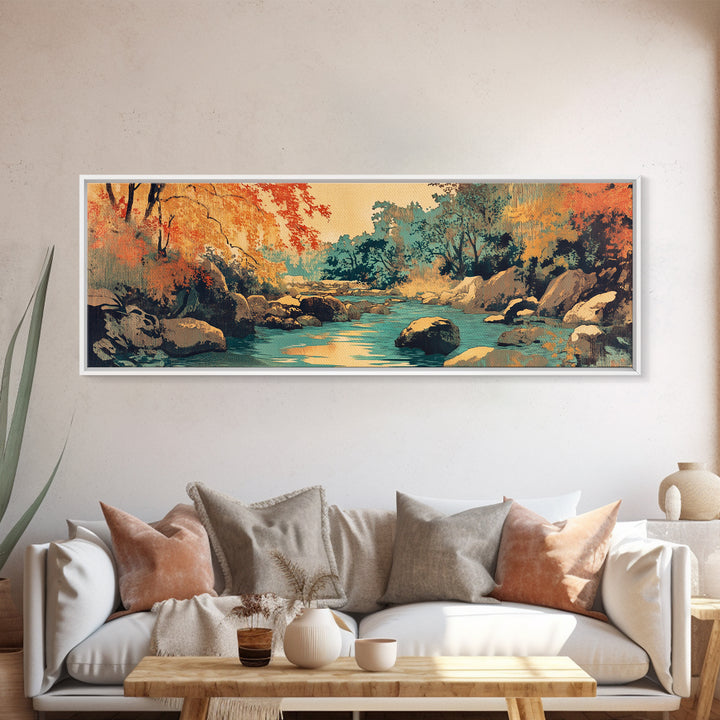 Autumn Forest River With Rocks Wall Art, Rustic Landscape Canvas Print, Warm Nature Living Room Cozy Cabin Home Decor Gift