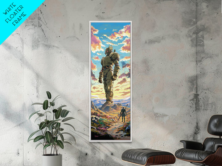 Colossal Stone Golem In Sunset Valley Wall Art, Fantasy Landscape Canvas Print, Epic Sci Fi Decor For Gamer Room And Living Room