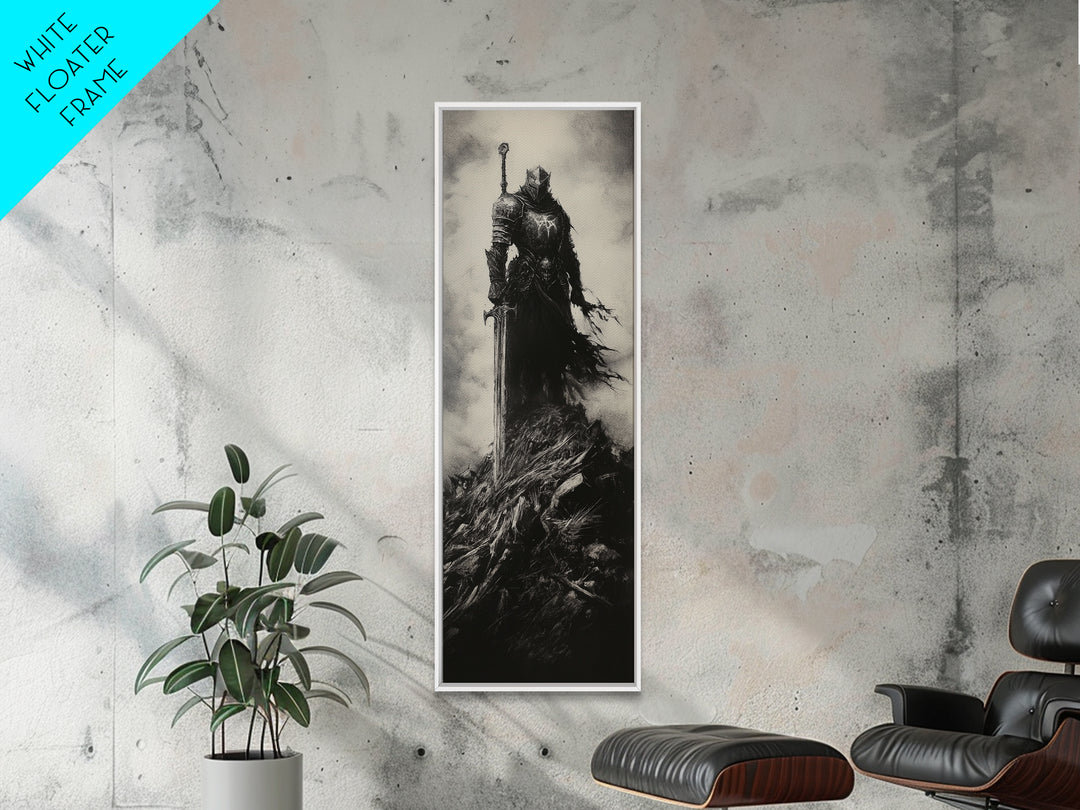 Dark Armored Knight With Sword Black And White Wall Art, Gothic Fantasy Canvas Print, Dark Academia Decor, Gift For Him Or Office Decor