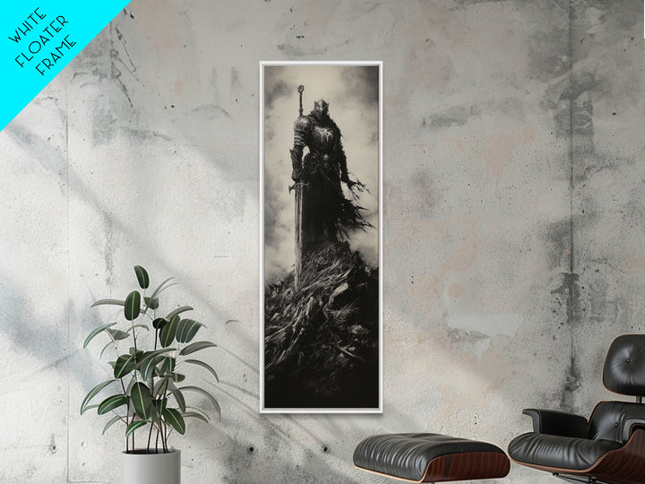 Dark Armored Knight With Sword Black And White Wall Art, Gothic Fantasy Canvas Print, Dark Academia Decor, Gift For Him Or Office Decor