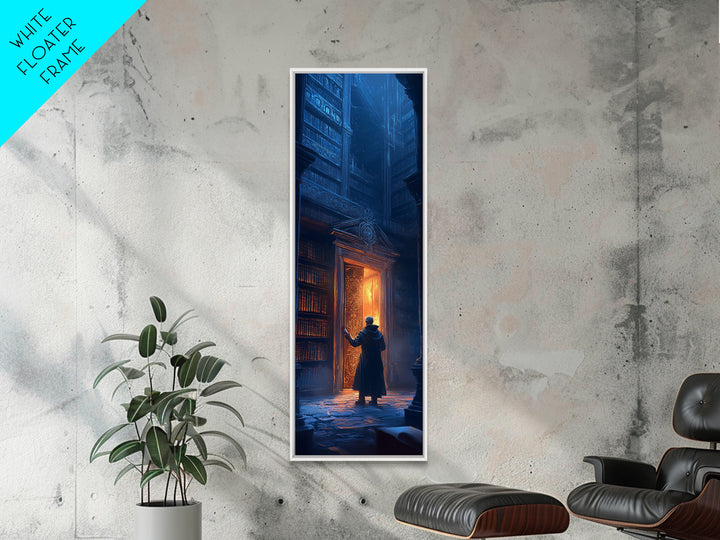 Glowing Portal Door In Dark Gothic Library Wall Art, Fantasy Bookstore Canvas Print, Dark Academia Decor For Reading Nook
